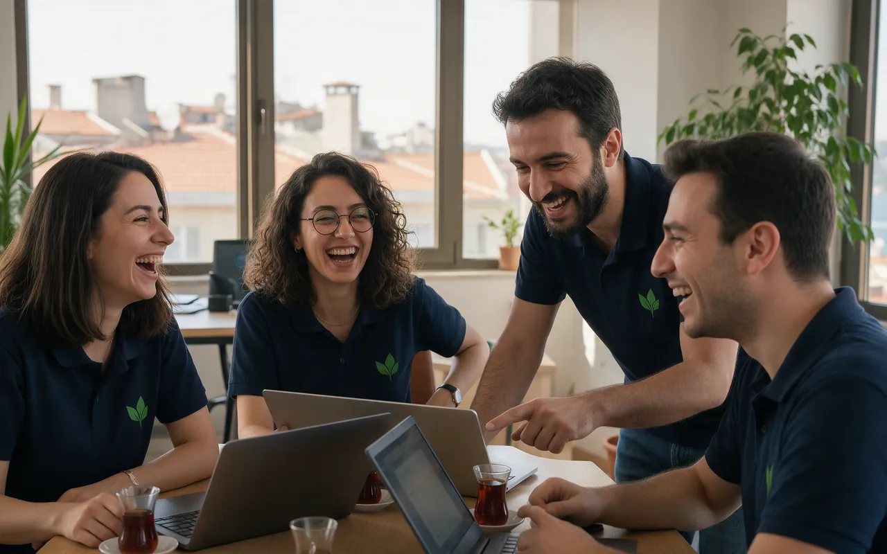 Paron Teknoloji ekibi İstanbul'daki ofislerinde çay eşliğinde birlikte çalışıyor