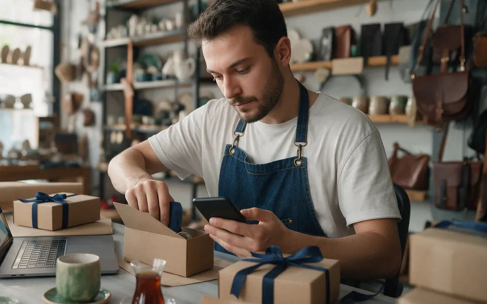 Atölyesinde pazar yeri siparişini paketleyip telefonundan takip eden esnaf