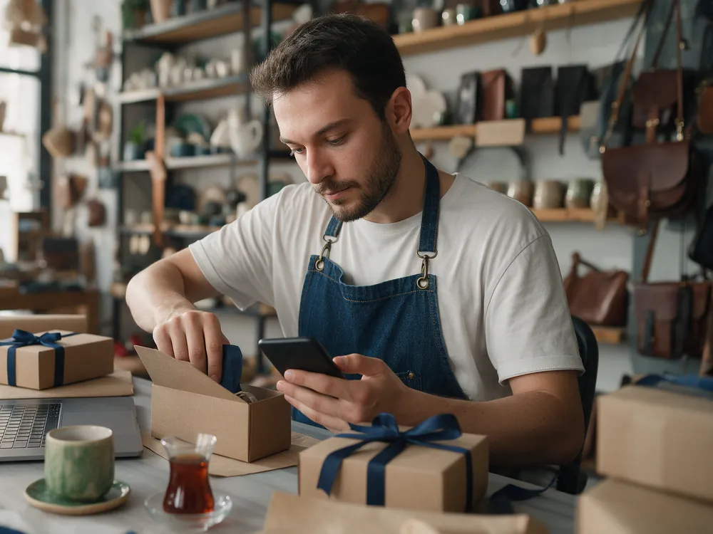 Atölyesinde pazar yeri siparişini paketleyip telefonundan takip eden esnaf