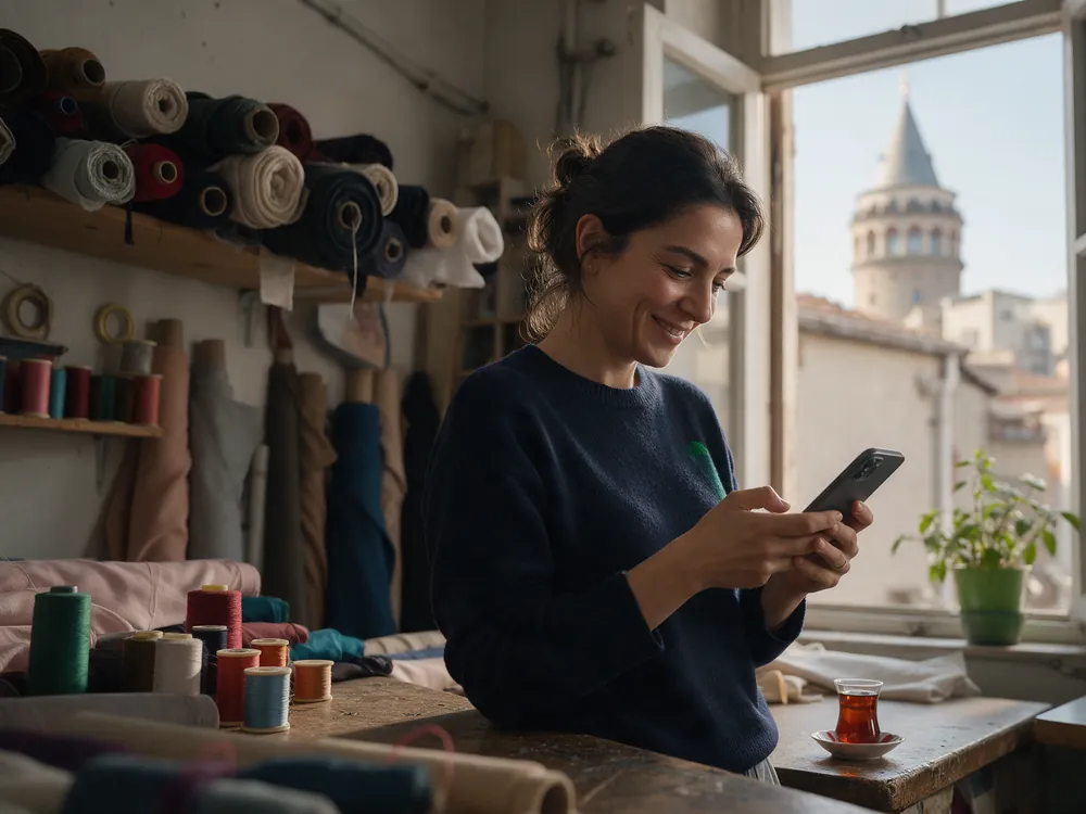 Galata manzaralı ofiste telefonuyla işini yöneten Paron müşterisi